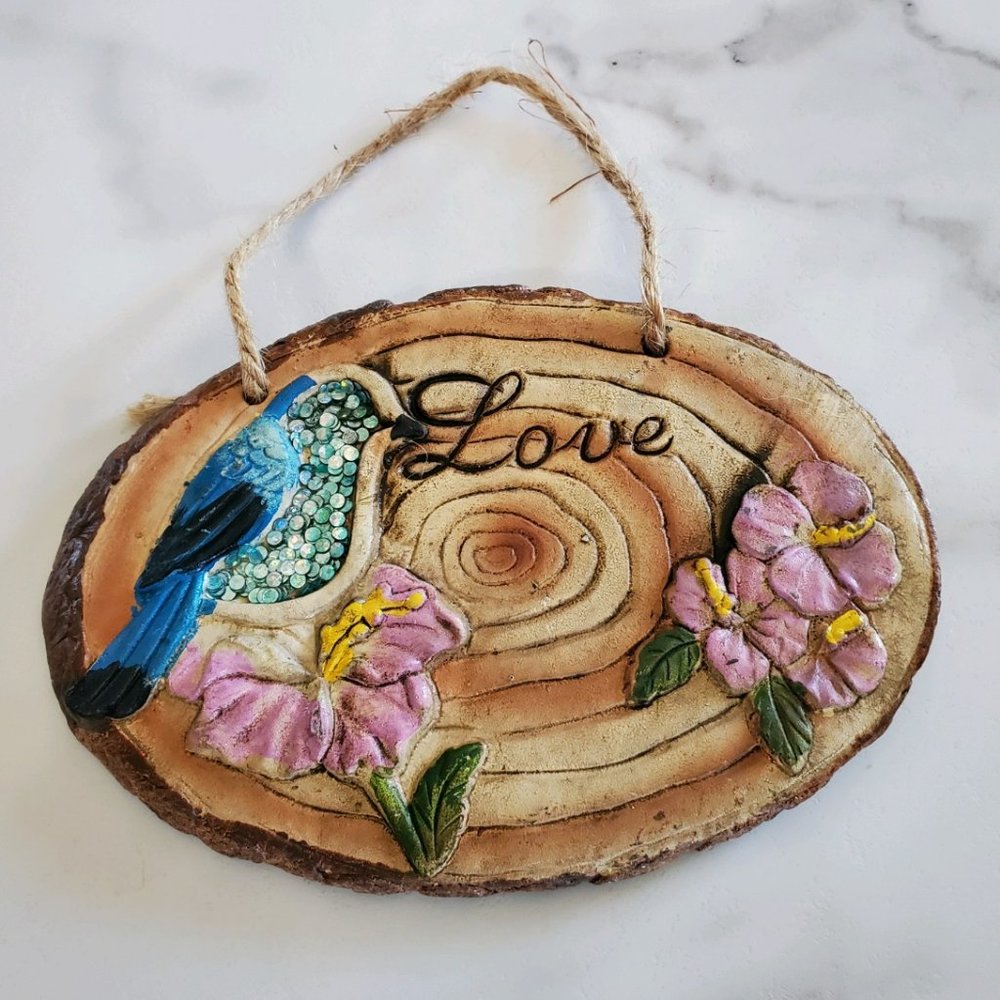 Blue Bird on Tree Stump with Flowers Hanging Plaque Love
